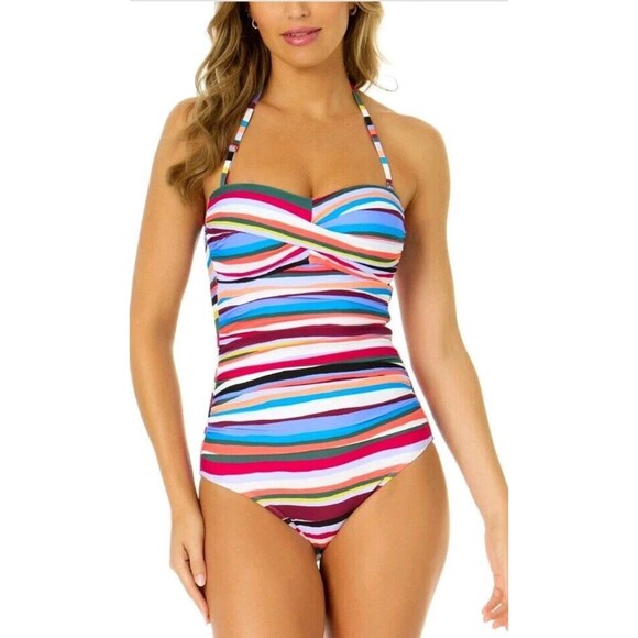 Anne Cole Women's Striped Twist-Front Bandeau One-Piece Swimsuit Multi Color 6 - Picture 2 of 9
